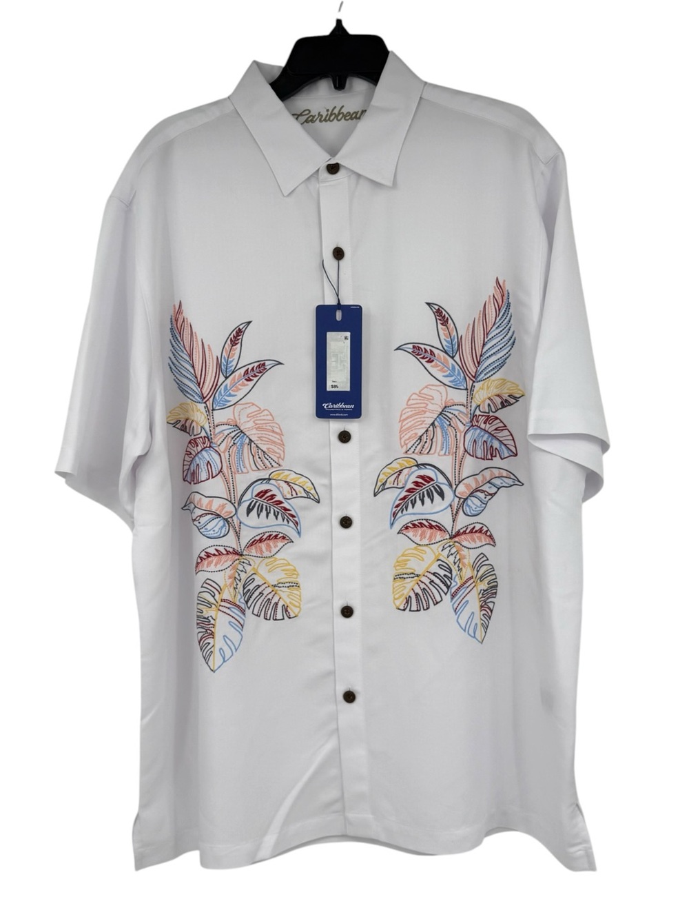 CARIBBEAN JOE Men’s Size XXL Hawaiian Camp Shirt White Embroidered NWT